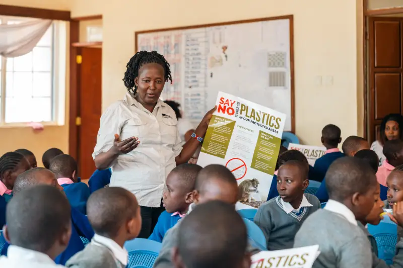 Margaret Mereyian, AWF's Senior Officer of the Conservation Education Program, engages students.